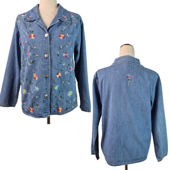 Tudor Court Blue Denim Floral Embroidered Vintage Top Shirt Shacket Large - Picture 1 of 5